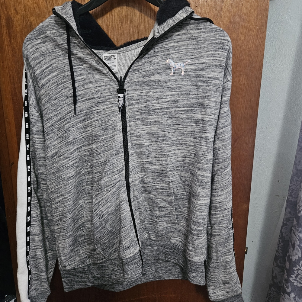 Victoria's Secret Pink Heather Gray Zip-Up Hoodie Size Medium